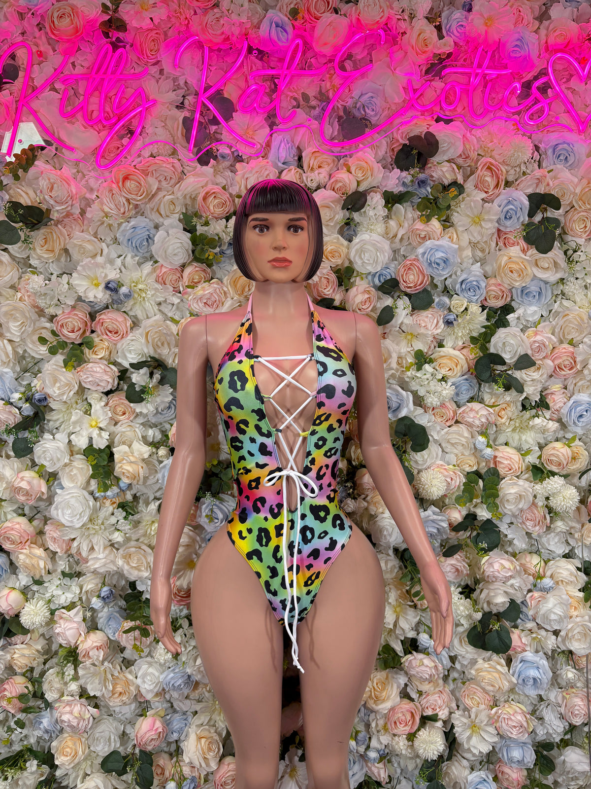 Rainbow Leopard Print Bottlegirl Bodysuit – Lace Up One Piece Rave Dancewear Club Outfit