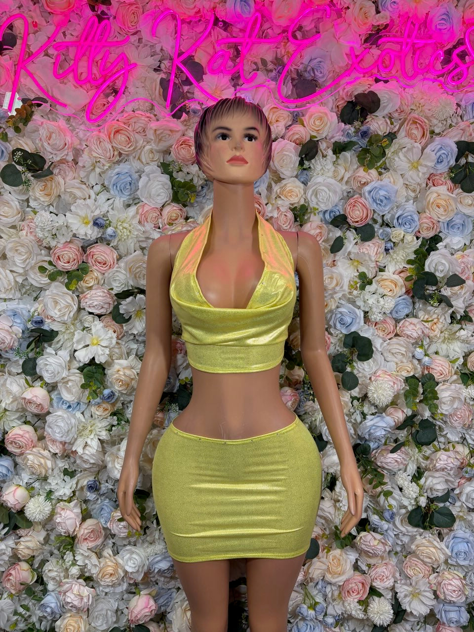 Metallic lime yellow halter crop top and mini skirt two-piece set, draped neckline