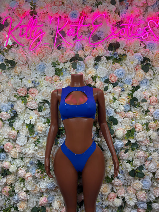 Royal blue cutout two-piece set: halter crop top and high-cut bikini bottoms