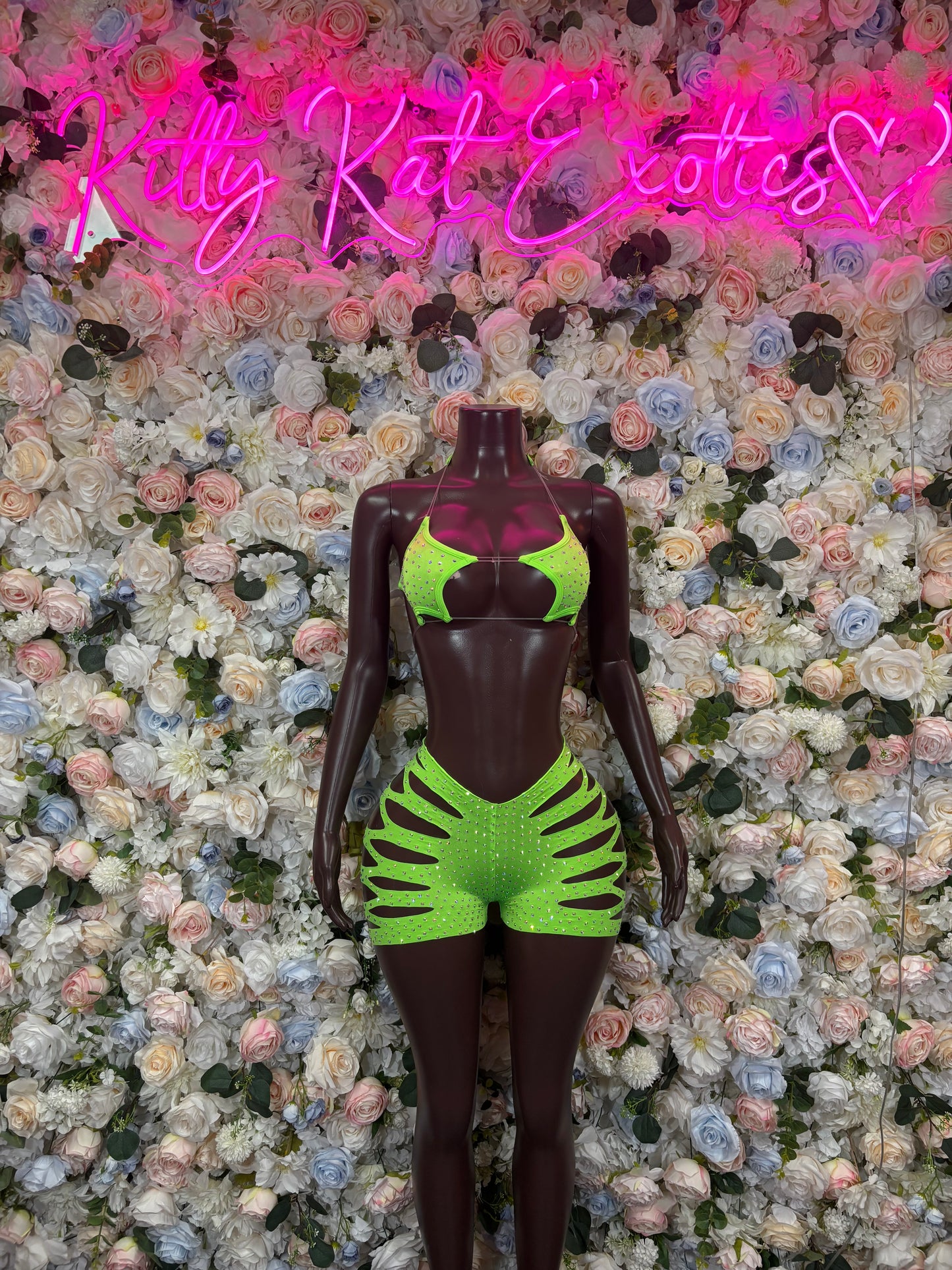 Neon Green Two Piece -  Rhinestone Festival Outfit,  Dancewear