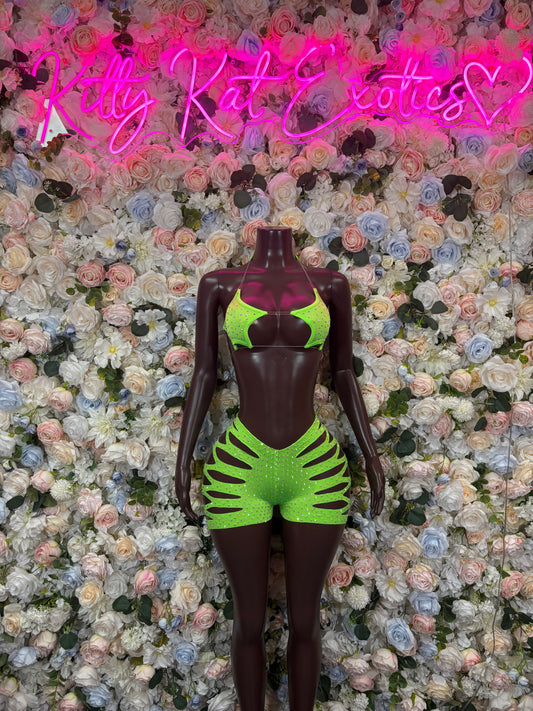 Neon green glitter cutout bikini set with halter bra and high-leg bottoms