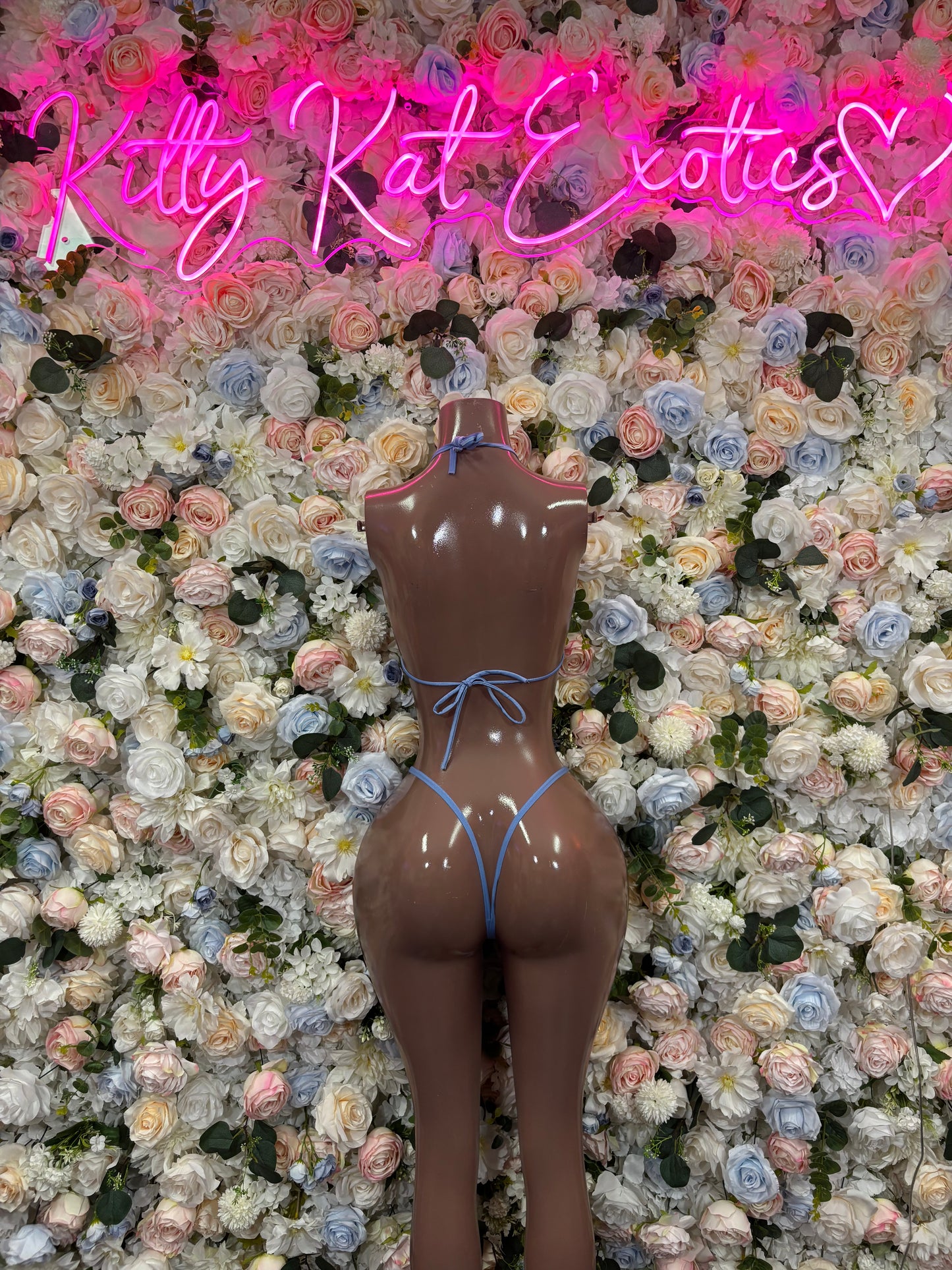 Baby blue two-piece rave outfit with lace-up bralette and cheeky bikini bottoms