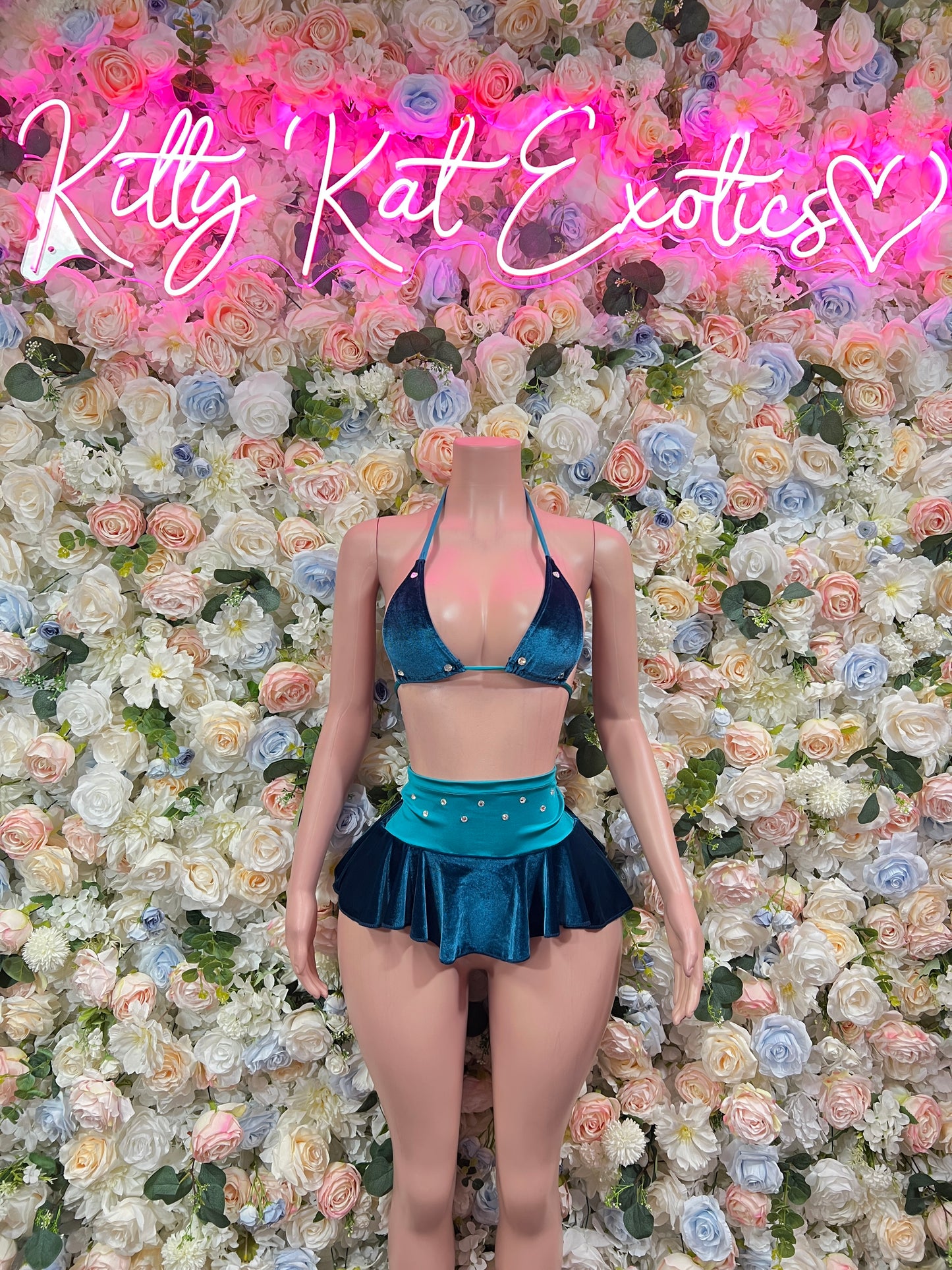 Two Piece Green Velvet Skirt Festival  Rave-wear Exotic Dancewear for Performers, Raves, & Festival Clothing