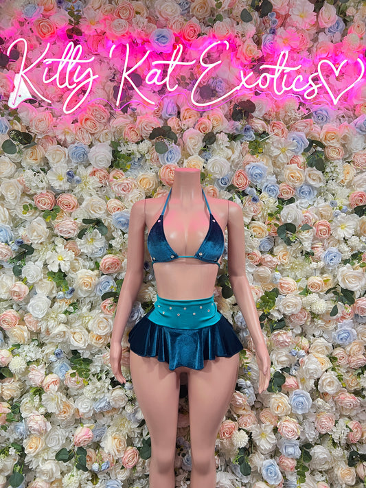 Two Piece Green Velvet Skirt Festival  Rave-wear Exotic Dancewear for Performers, Raves, & Festival Clothing