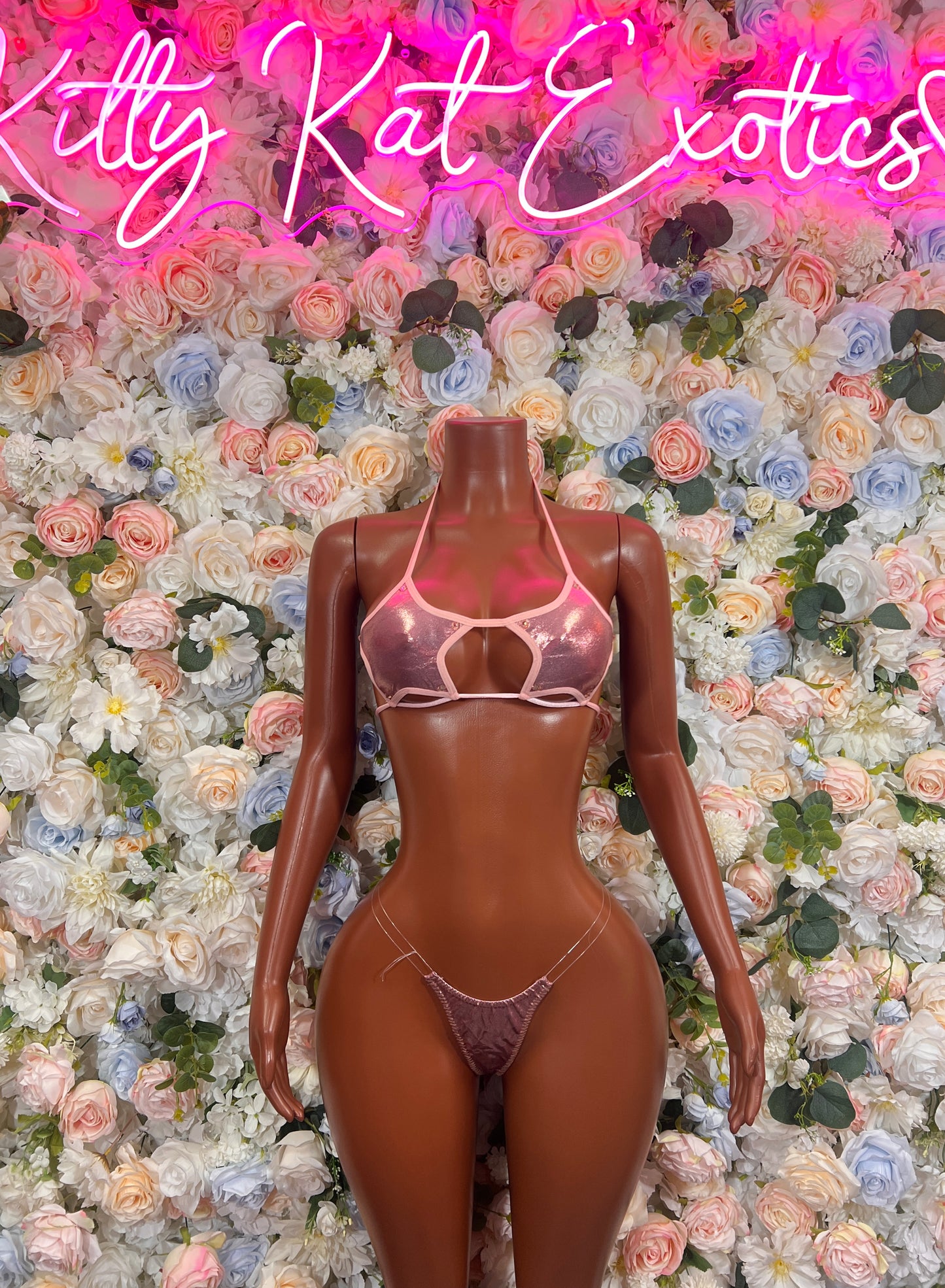 Metallic Pink Cutout Triangle Bikini Micro Thong Set Strappy Rave Festival Exotic Dance