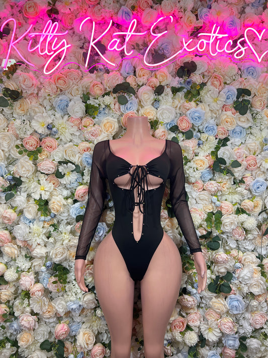 Black sheer long-sleeve bodysuit with sweetheart neckline, lace-up bow front