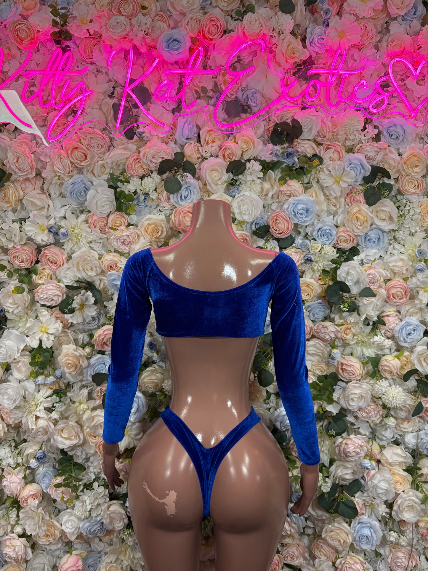 Royal Blue Velvet Two Piece Long Sleeve Bikini Set Exotic Dancewear Rave Festival Outfit