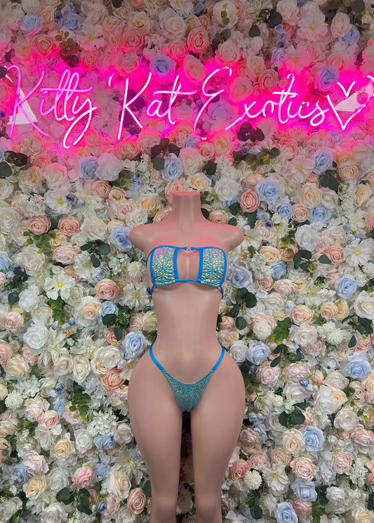 Festival Bikini Aqua Cheetah Two Piece Outfit, Bartender Uniform, Rave Festival Wear, Exotic Dancewear, Clubwear Costume, Waitress Set