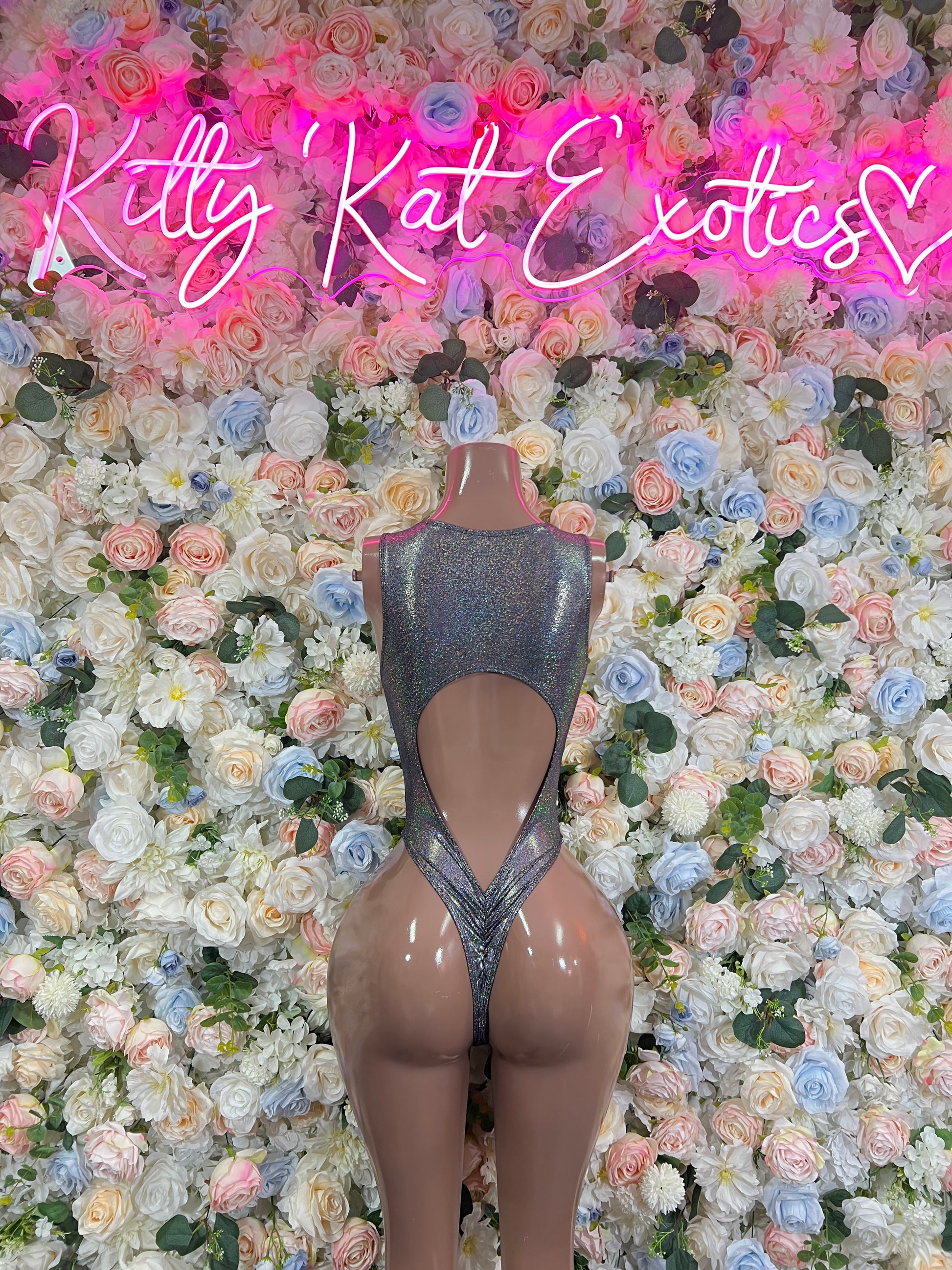 Silver metallic lace-up bodysuit with back cutout