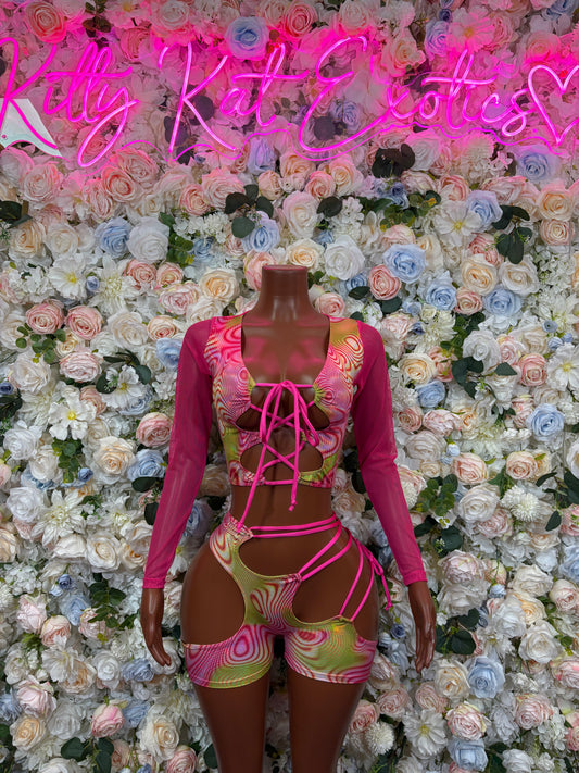 Pink hologram dancewear set with long sleeves, lace-up top and matching shorts
