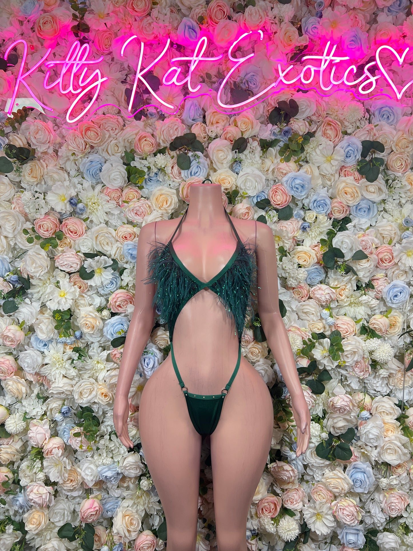 Emerald Green Feather Fringe Bodysuit Rave Festival Exotic Dancewear Sparkly Glitter Boa Club Outfit