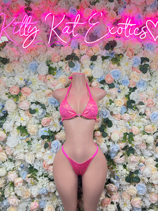 Pink metallic string bikini set with triangle top and high-cut tie bottoms