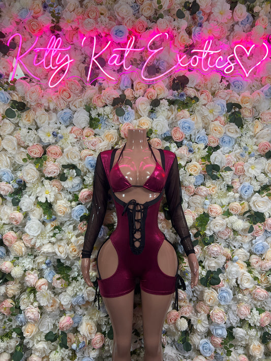 Burgundy lace-up mesh long-sleeve bodysuit with front cutout