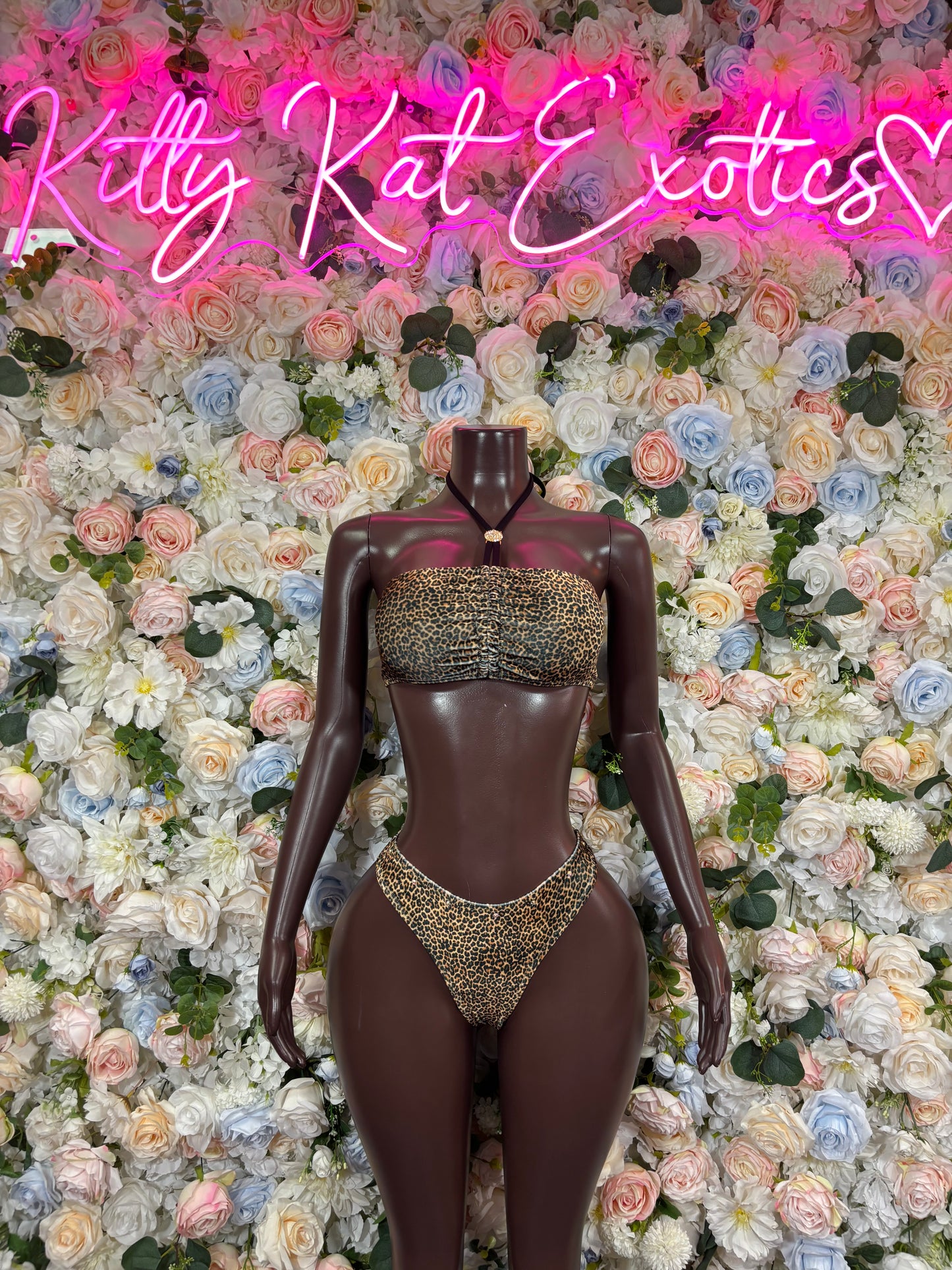 Leopard-print hologram two-piece rave set with halter bra and high-cut bottoms