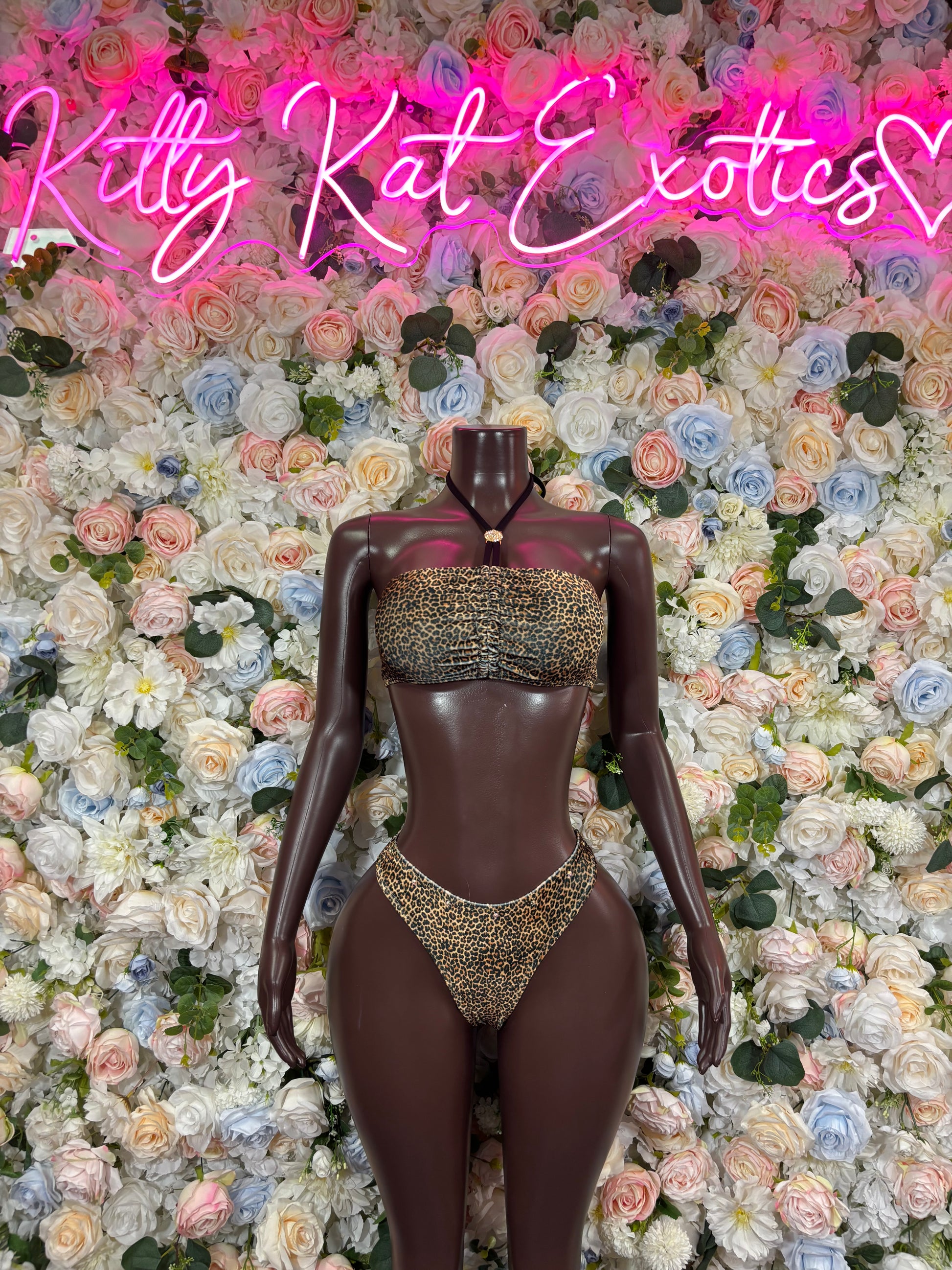Leopard-print hologram two-piece rave set with halter bra and high-cut bottoms