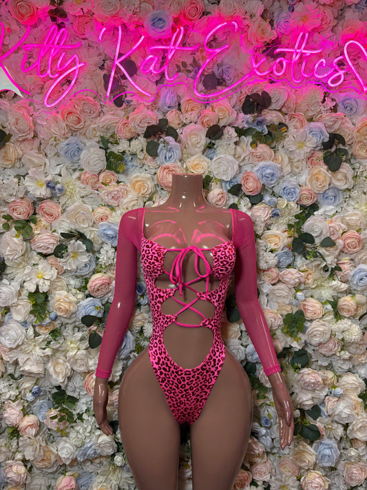 Bottlegirl Bodysuit Hot Pink Cheetah Metallic  - One Piece Bartender Outfit,  Dancewear, Party Clubwear