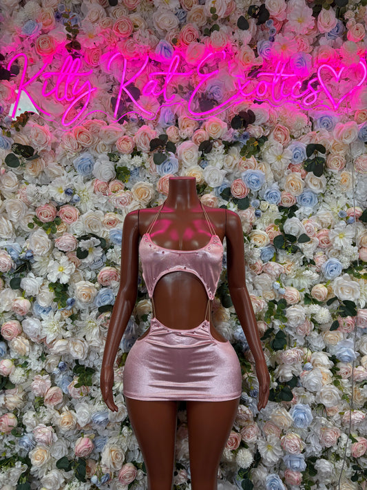 Pink sleeveless bodycon mini dress with oval cutout front