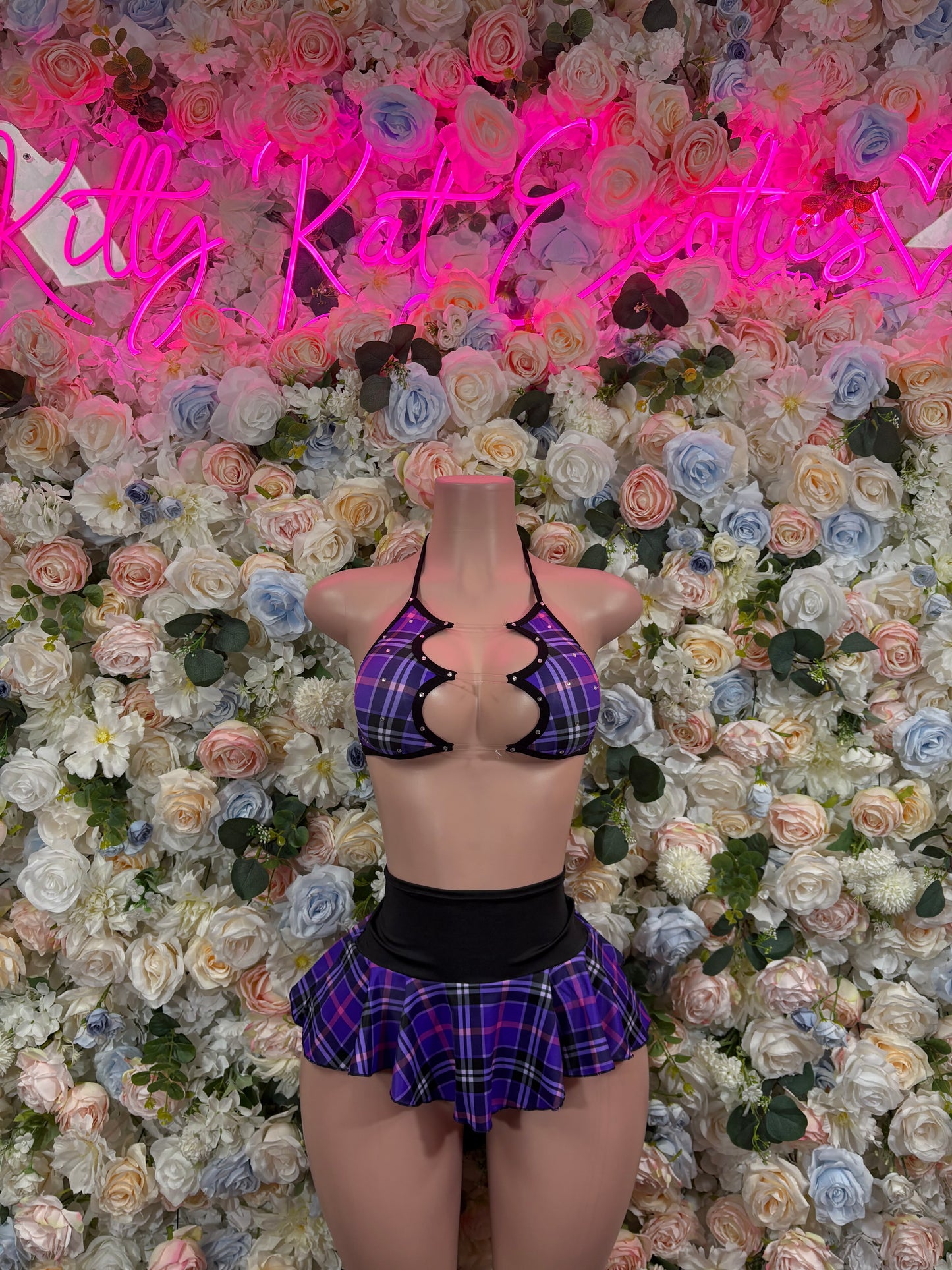 Purple plaid mini skirt set with halter triangle top, tie back, and ruffled hem