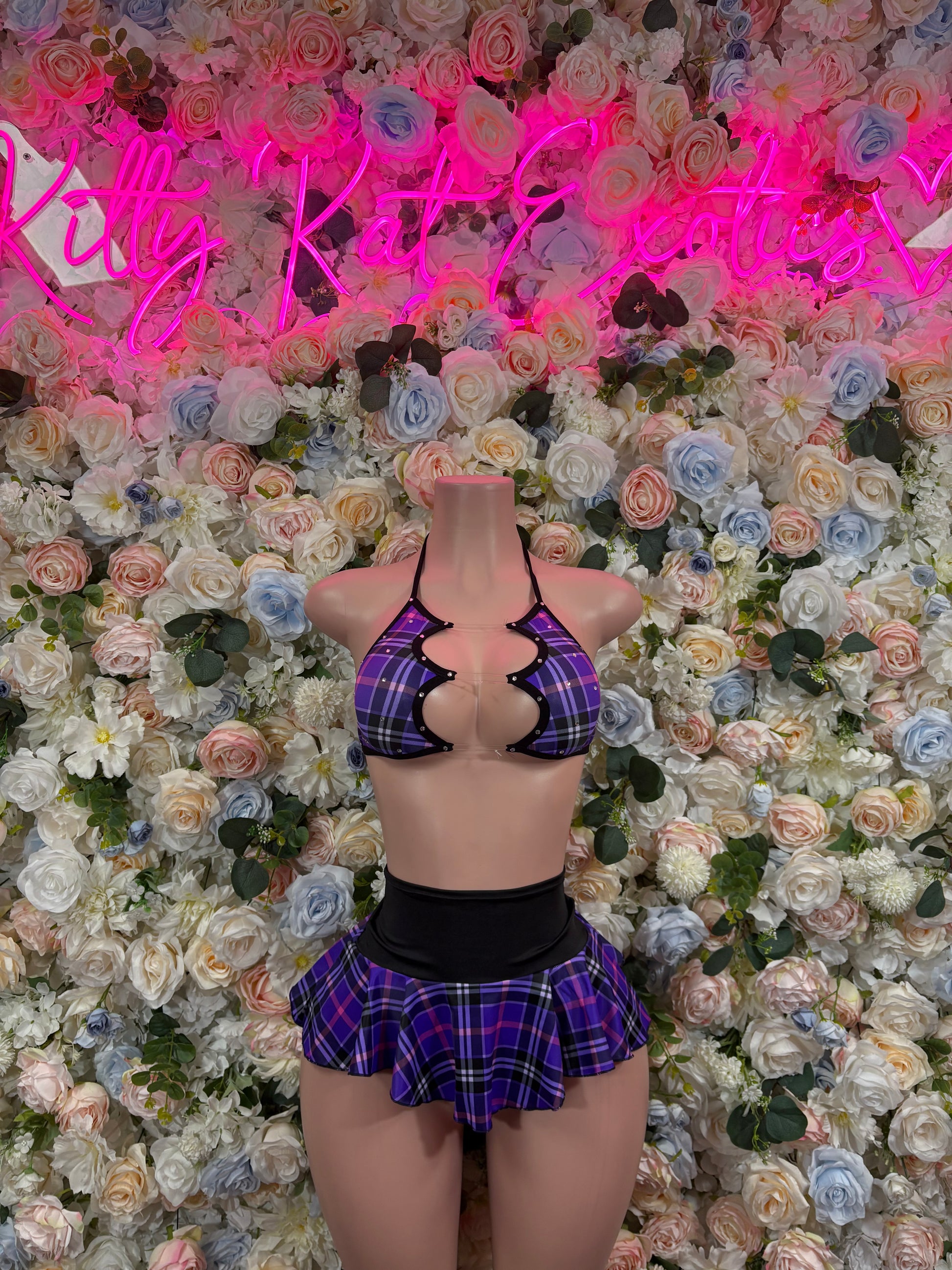 Purple plaid mini skirt set with halter triangle top, tie back, and ruffled hem