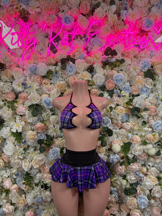 Purple plaid mini skirt set with halter triangle top, tie back, and ruffled hem