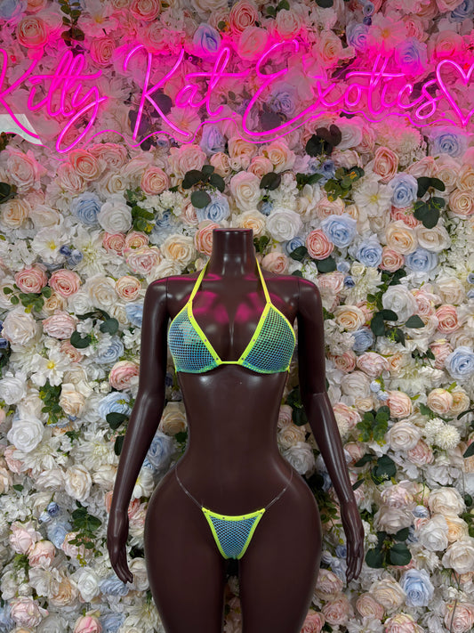 Neon green mesh triangle bikini with lace-up straps and matching bottoms