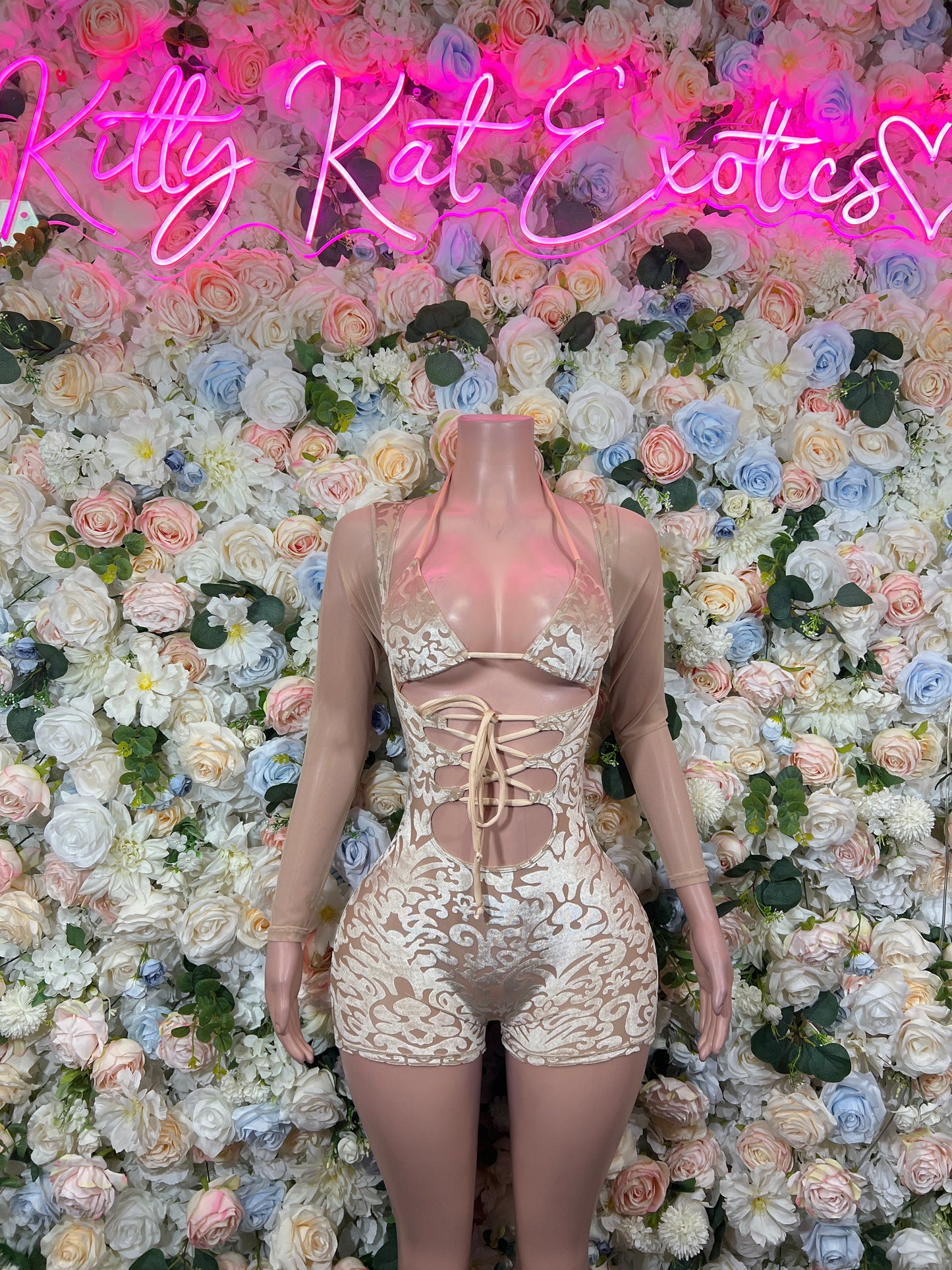 Champagne Gold Lace Criss Cross Cutout Bottlegirl  Bodysuit – Rave Festival Exotic Dance Clubwear