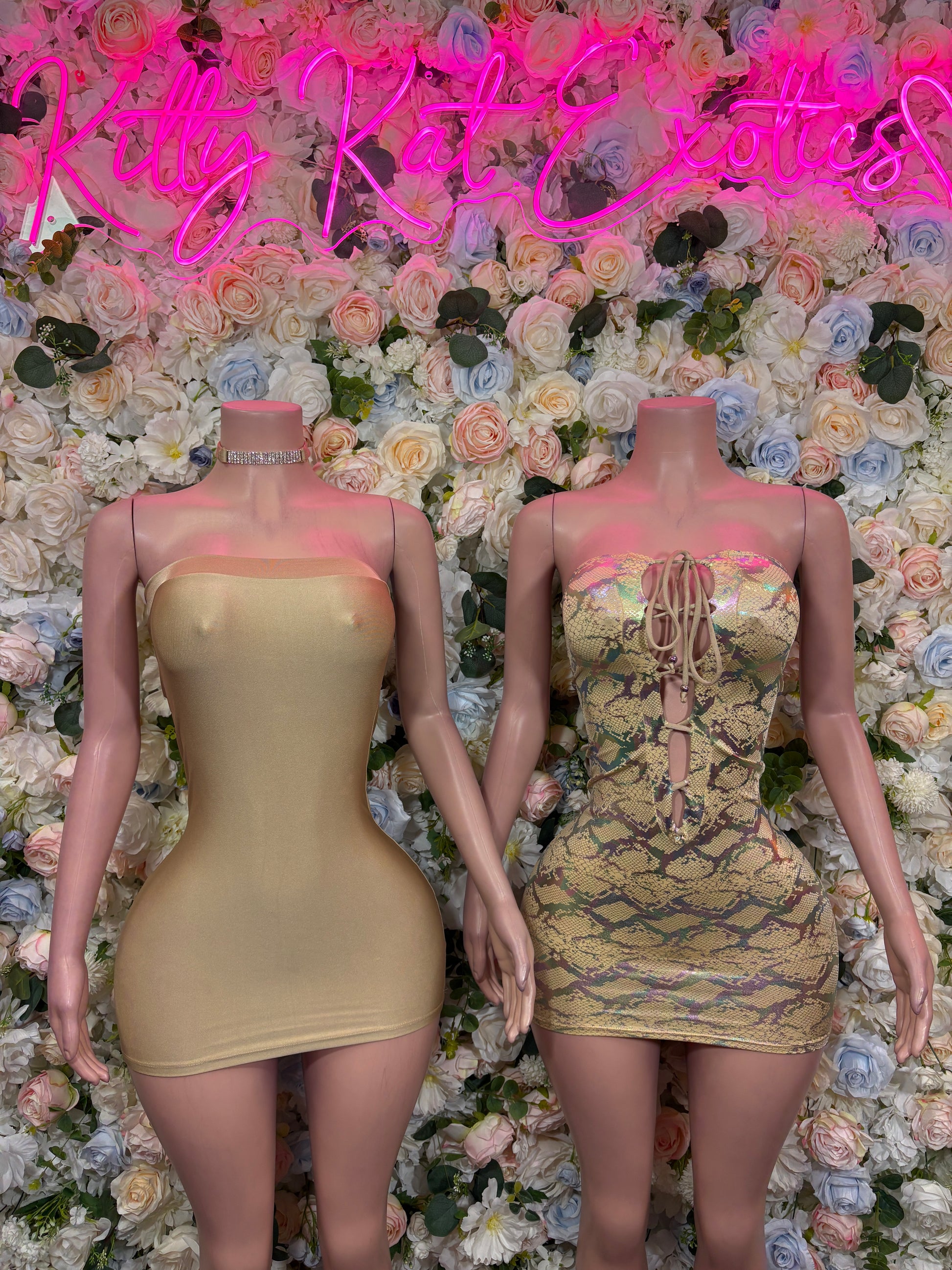 Tan snake-print mini dress, strapless fitted bodice