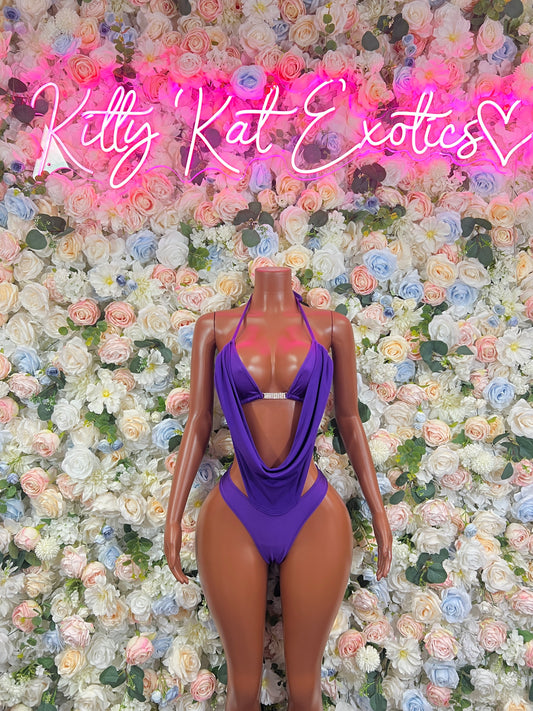 Purple halter draped one-piece with open back and tie straps