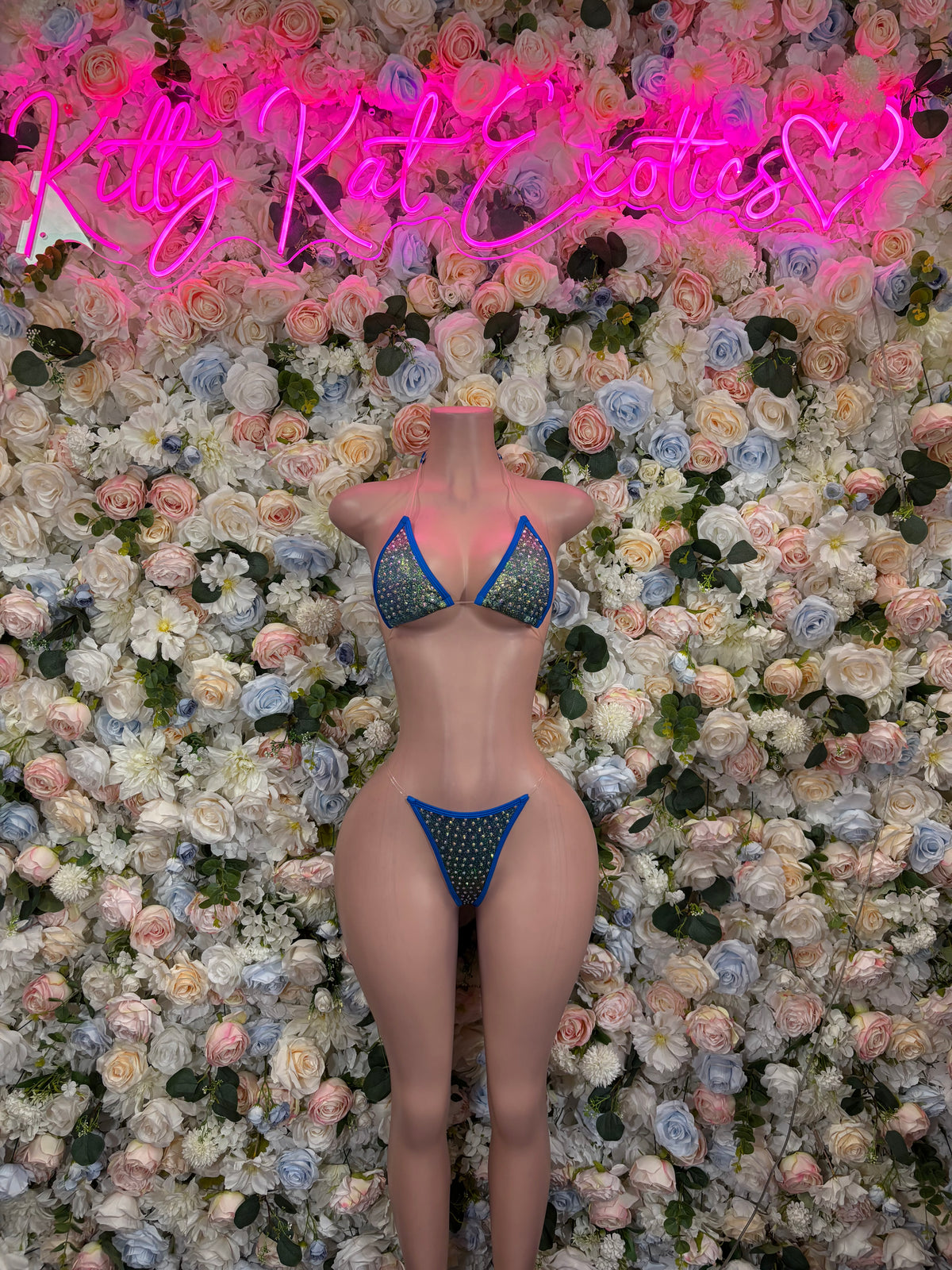 Blue Holographic Green Rhinestone Bikini Festival Clothing Exotic Dancewear Bartender Outfit
