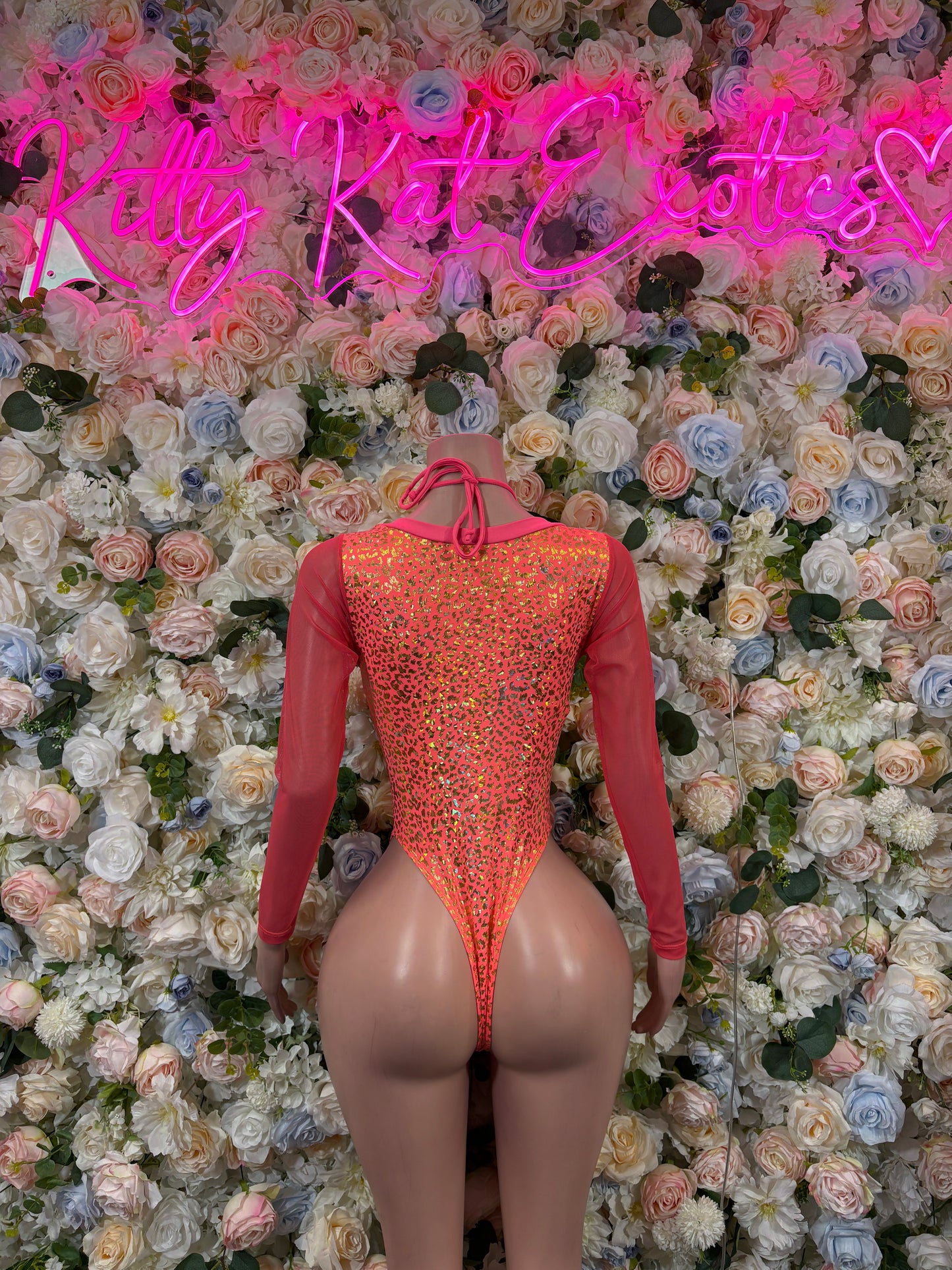 Bottlegirl Bodysuit One-Piece Coral Cheetah Print Bodysuit - Hologram Design | Exotic Dancewear for Performers, Raves