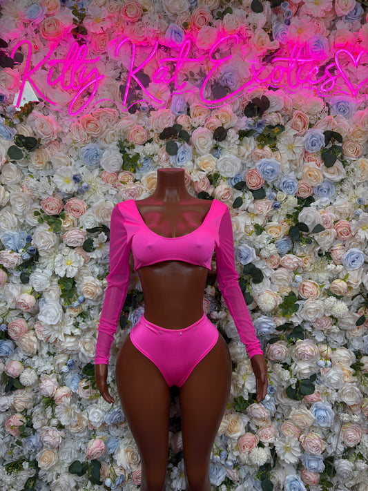 Pink long-sleeve crop top and high-cut bikini bottom set