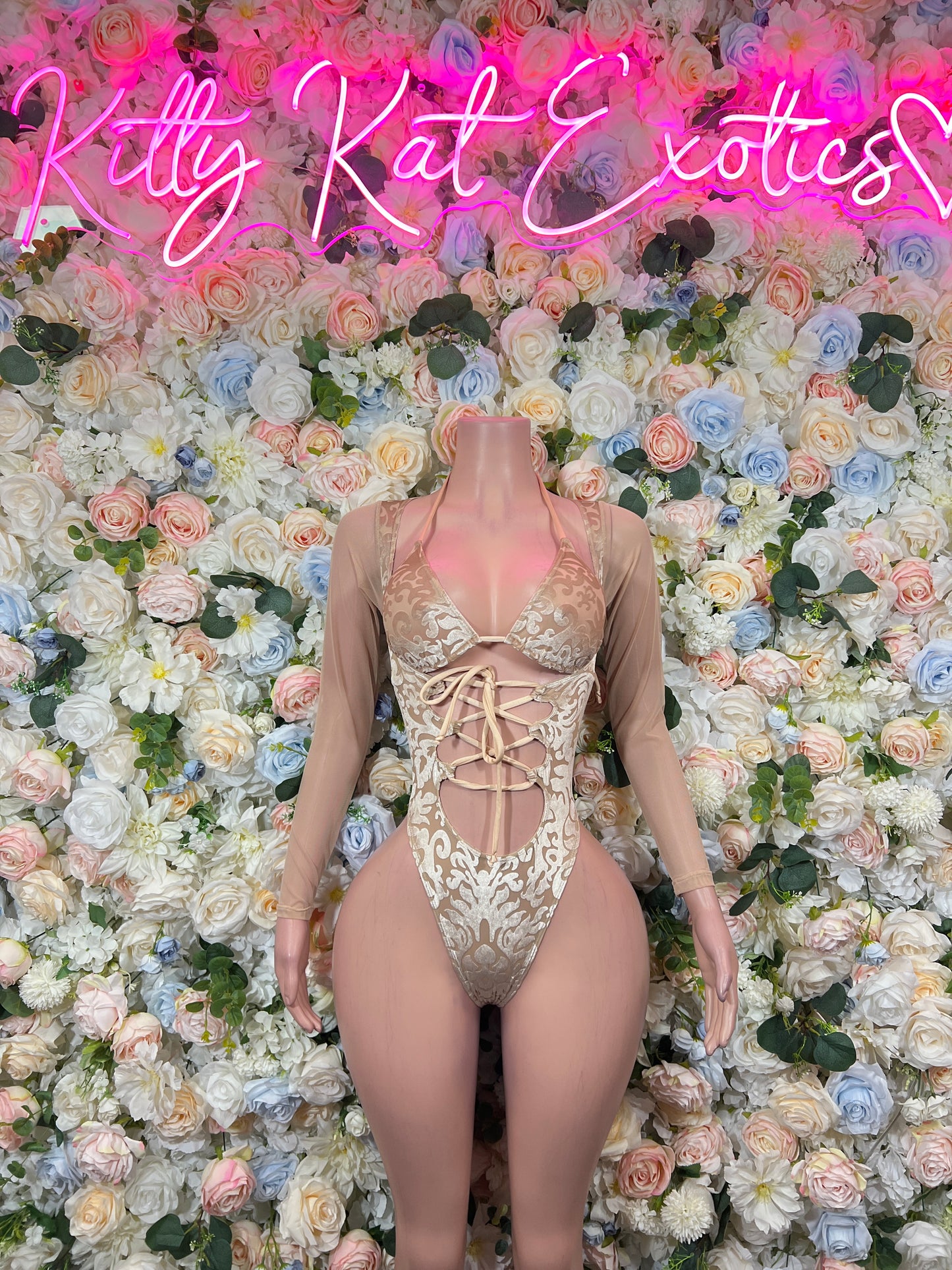 Champagne Gold Lace Criss Cross Cutout Bottlegirl  Bodysuit – Rave Festival Exotic Dance Clubwear