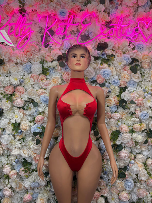 Red halter bodysuit with deep front cutout and high-leg thong style