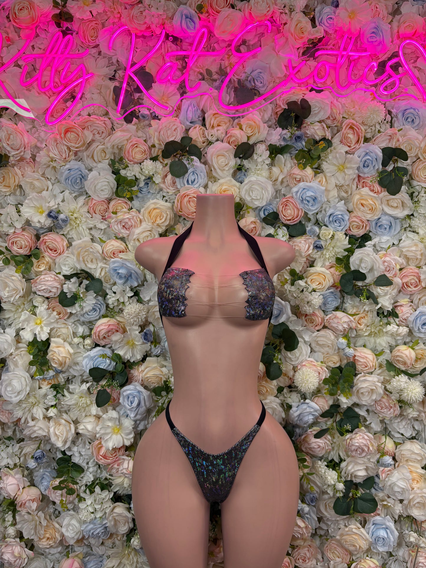 Black Metallic Bikini Two Piece Rave Festival Wear - Exotic Dancewear Clubwear Bottle Girl Ravewear