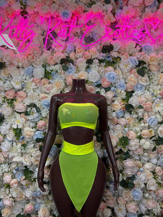 Neon green two-piece rave set with bandeau top and high-rise thong bottoms.