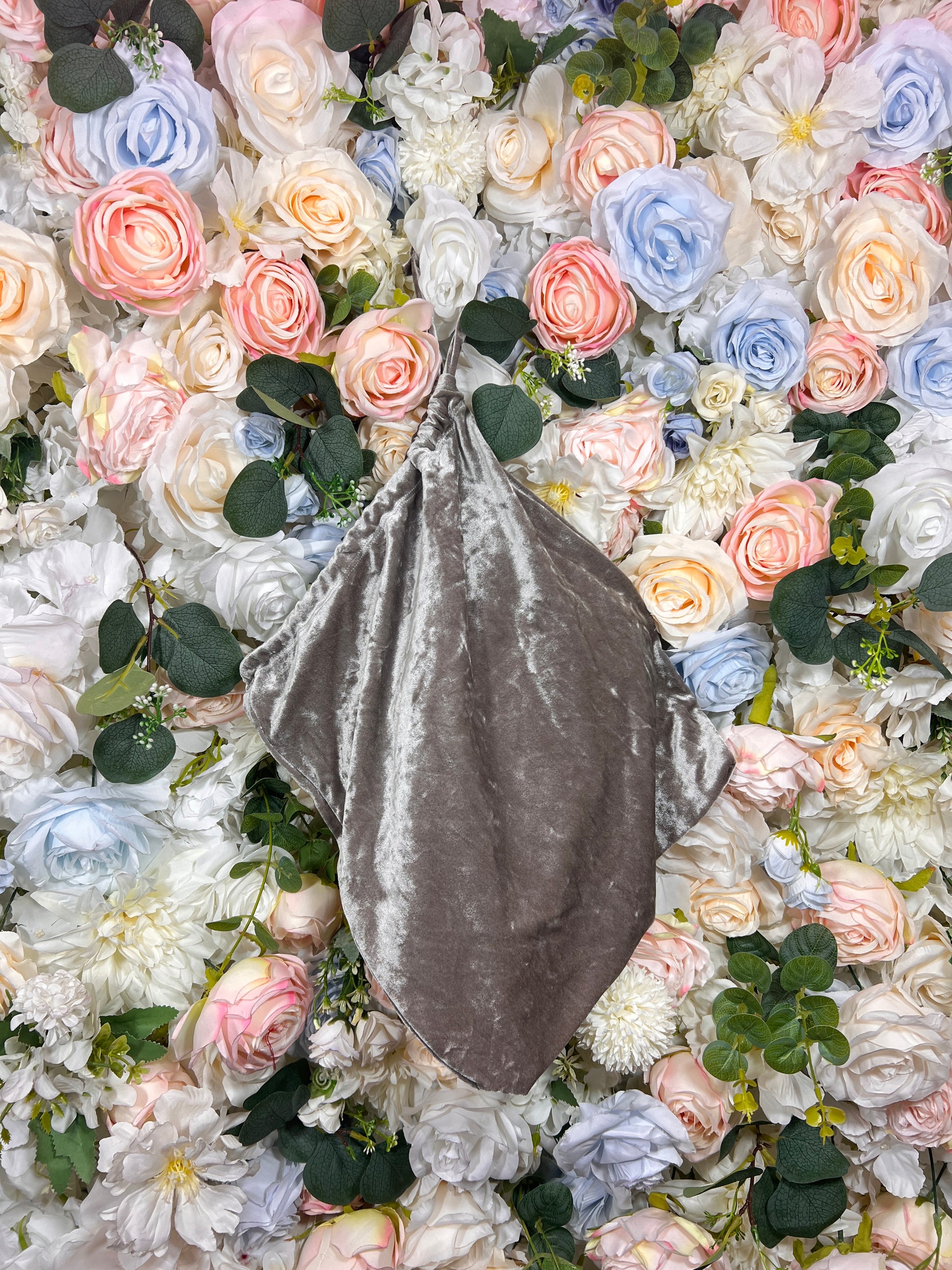 Grey velvet drawstring pouch money bag, gathered top