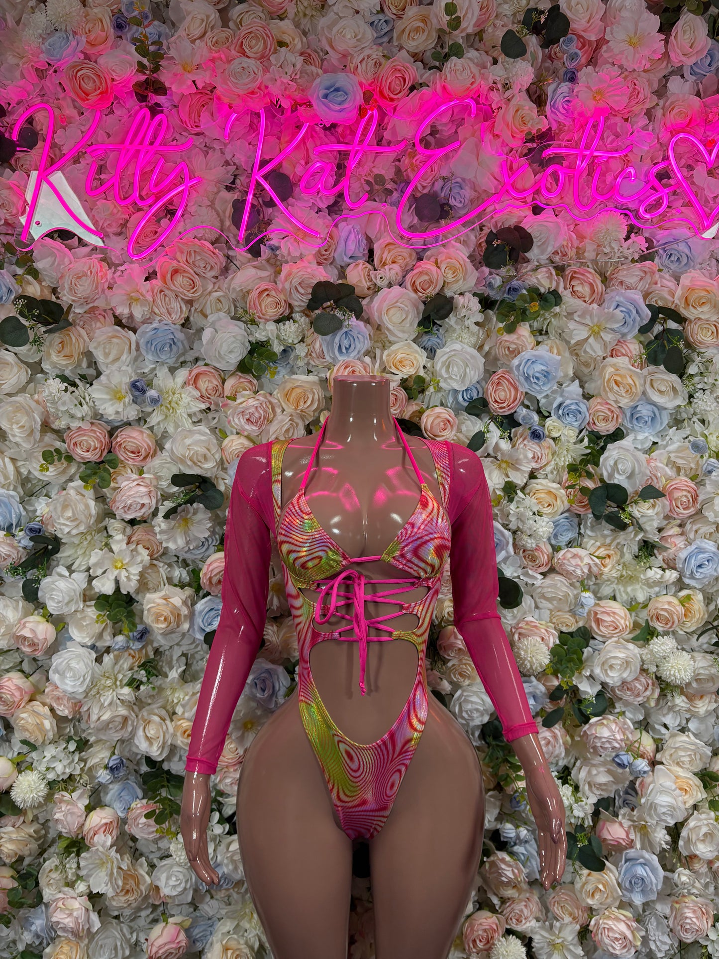 Bottlegirl Outfit One-Piece Pink Metallic Bodysuit - Hologram Design | Exotic Dancewear for Performers, Raves