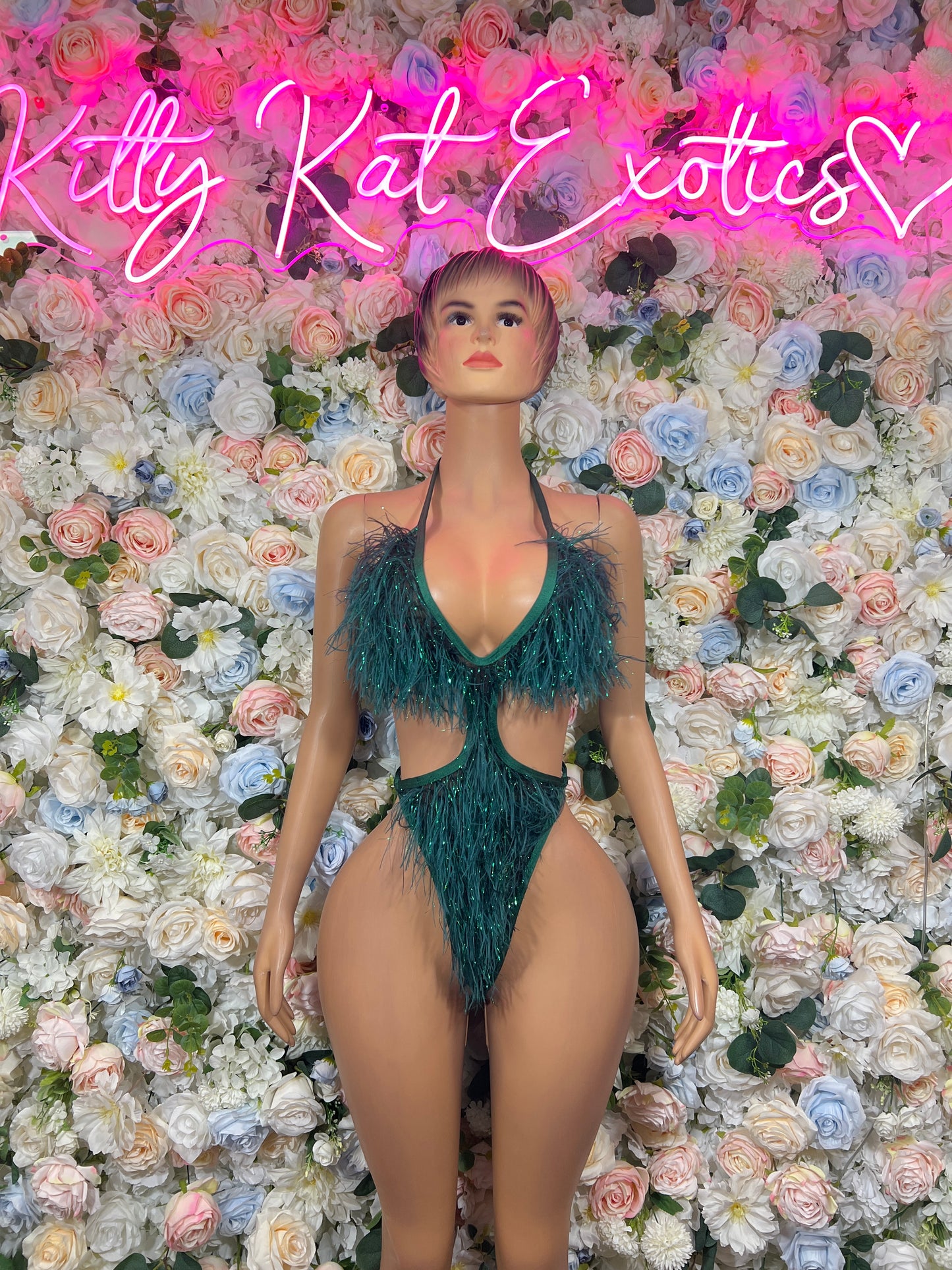 Emerald Green Feather Fringe Bodysuit Rave Festival Exotic Dancewear Sparkly Glitter Boa Club Outfit
