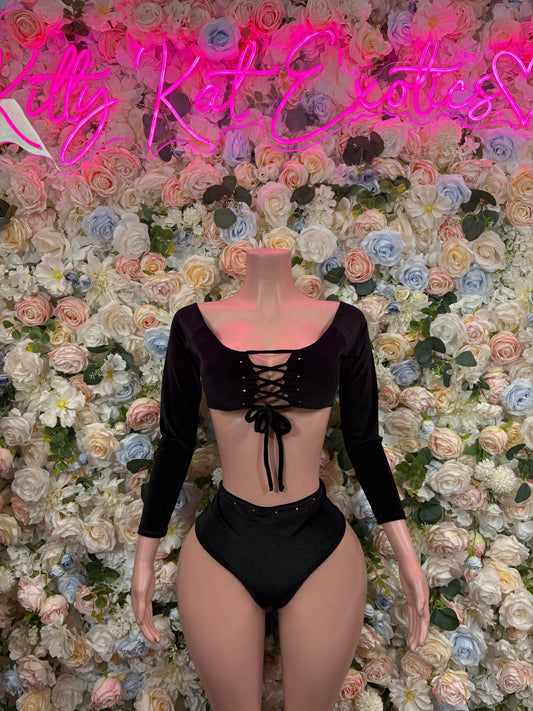 Women’s Dancewear Black Long Sleeve Two Piece Set Festival Rave Outfit Clubwear