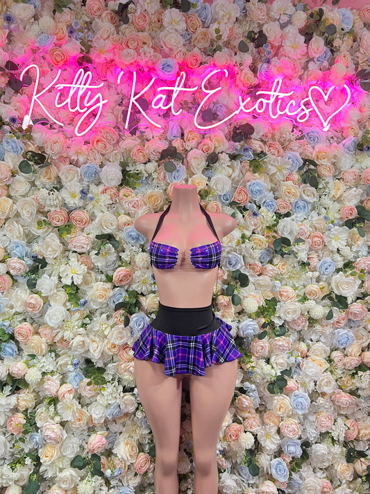 Purple plaid crop top and mini skirt set with black waistband trim