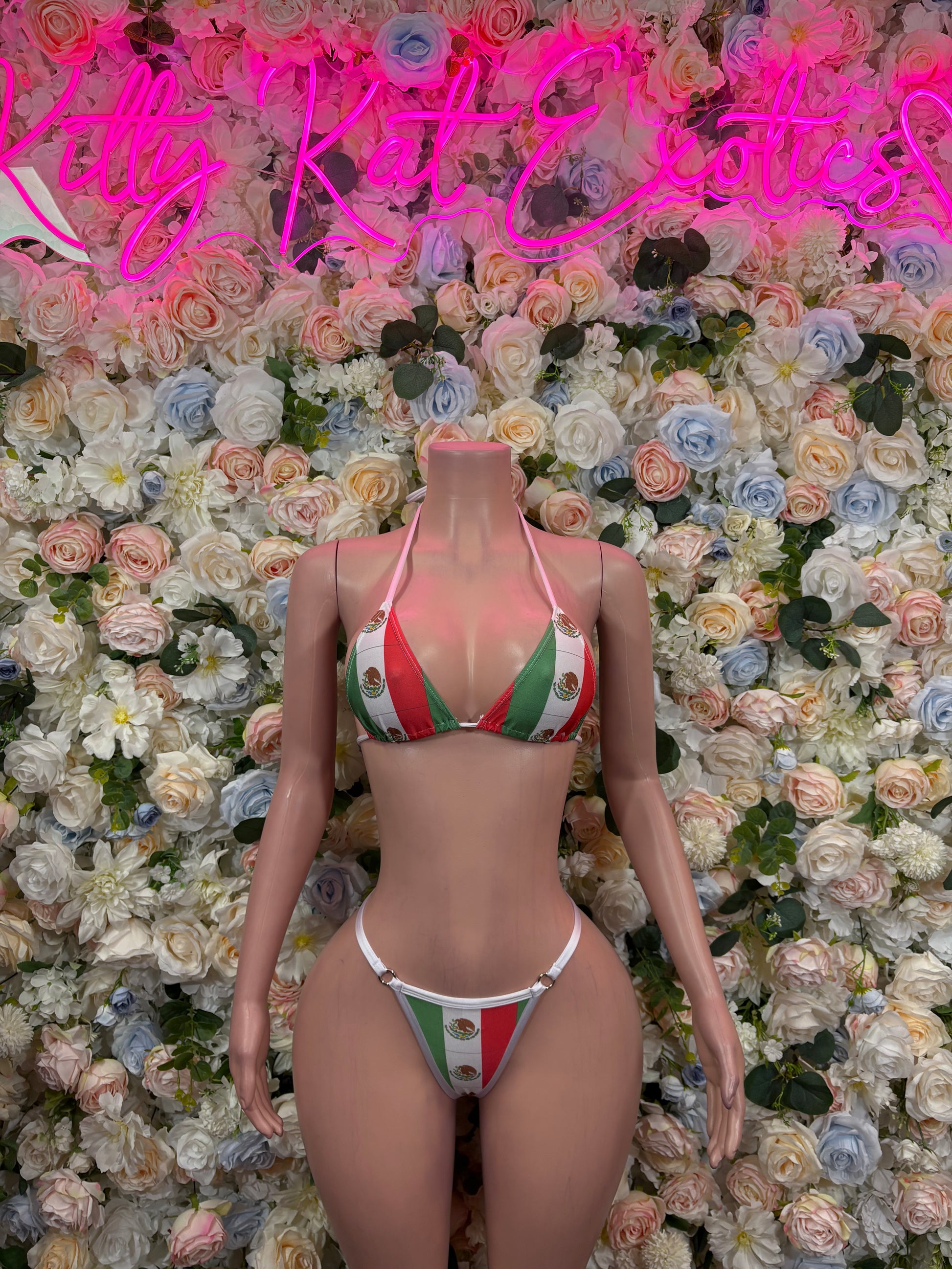 Mexican flag bikini with red, green, and white triangle print, string ties, front view