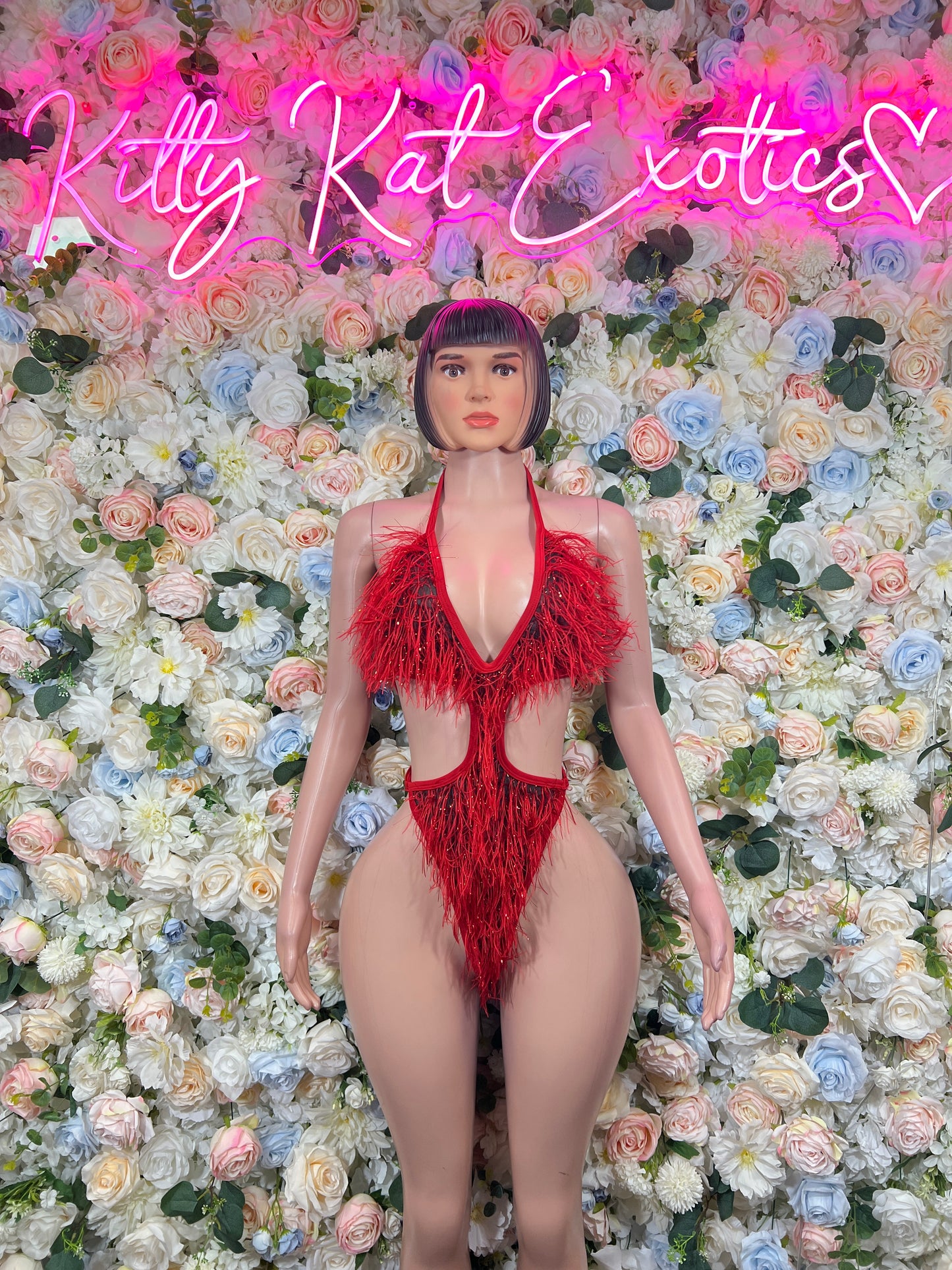 Red Feather Fringe Bodysuit Rave Festival Exotic Dancewear Sparkly Glitter Boa Club Outfit