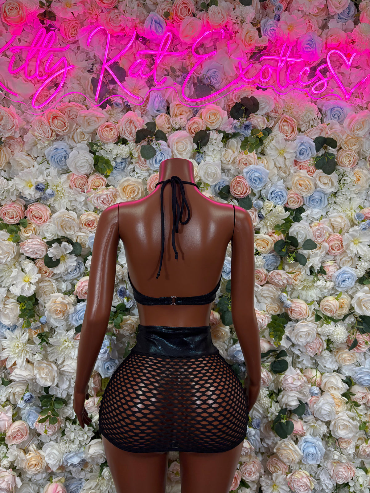 Black Criss Cross Halter Crop Top Fishnet Mini Skirt Rave Outfit | Sexy Two Piece Festival Set | PlurRavewear
