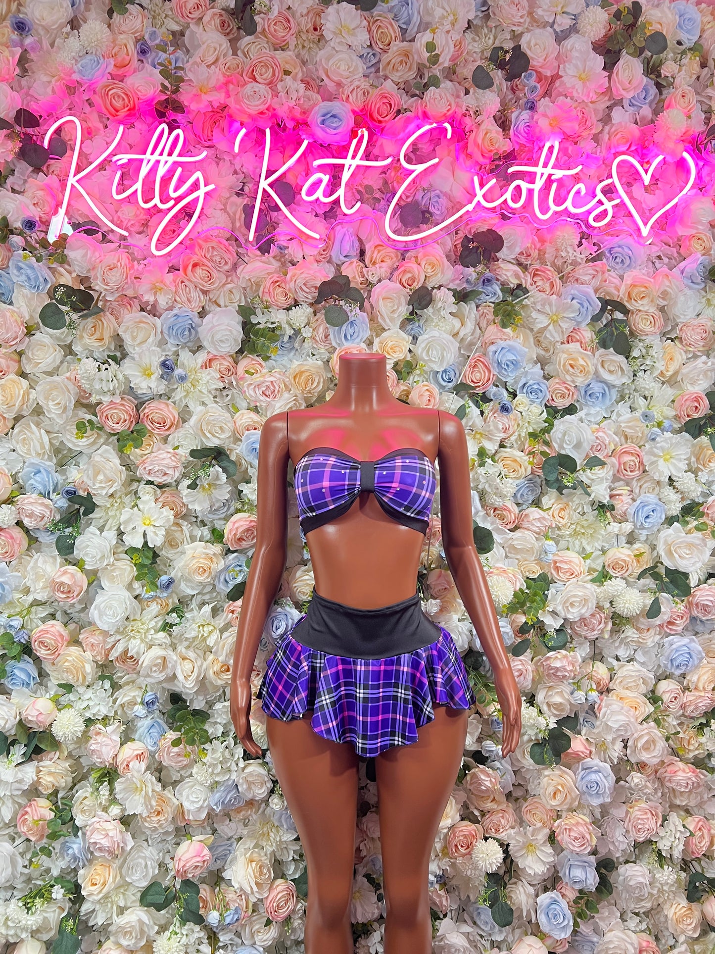 Purple plaid bandeau top and matching mini skirt set with black trim