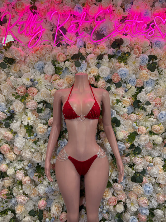 Red rhinestone triangle bikini set front view with tie straps on mannequin