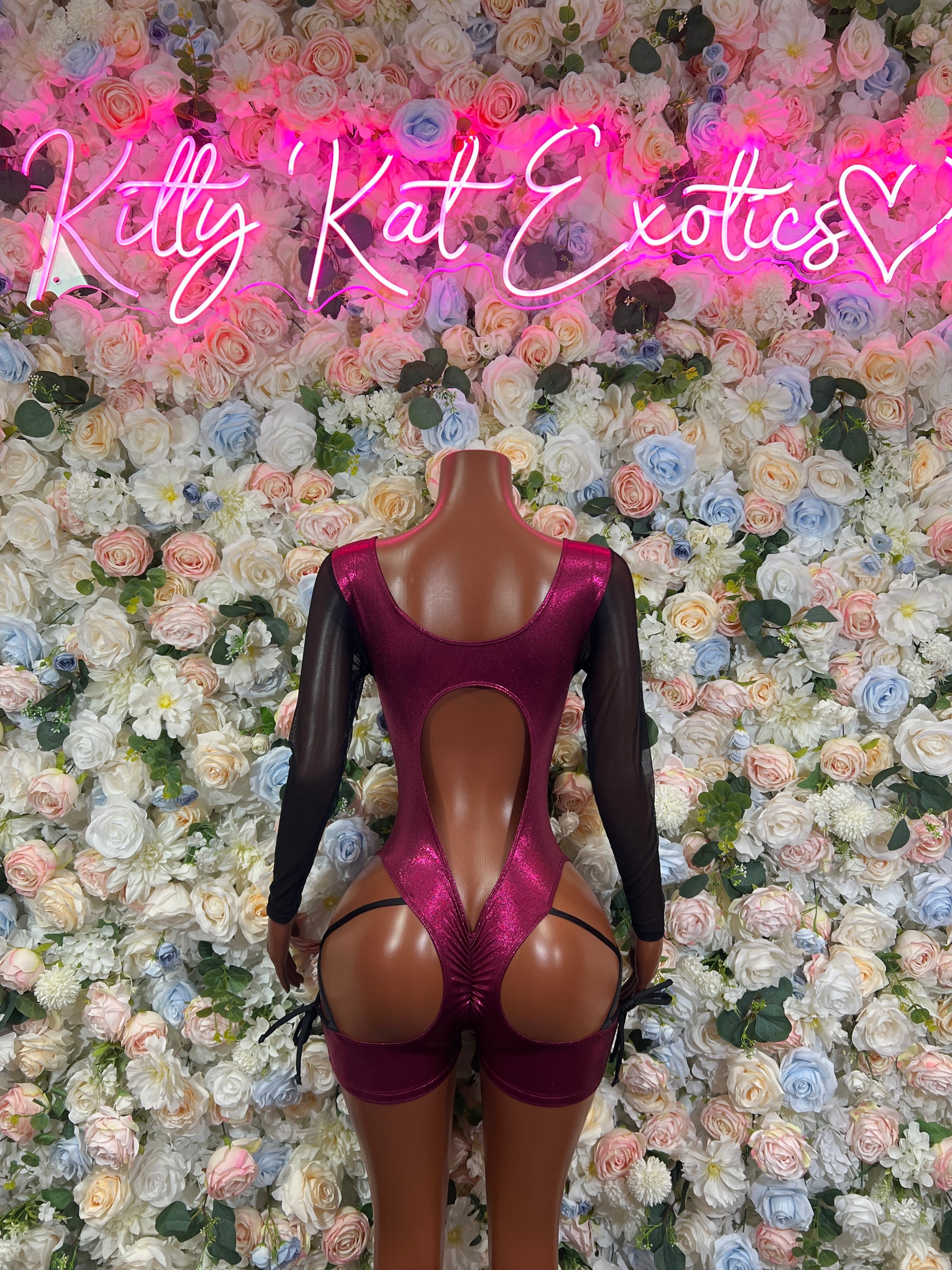 Burgundy mesh bodysuit backless design with long sleeves and open back cutout