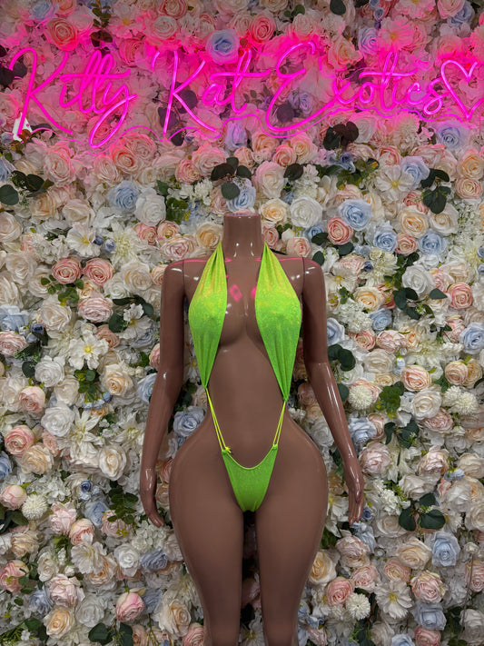 Neon green bodysuit with deep V neckline and high-cut leg, thin straps
