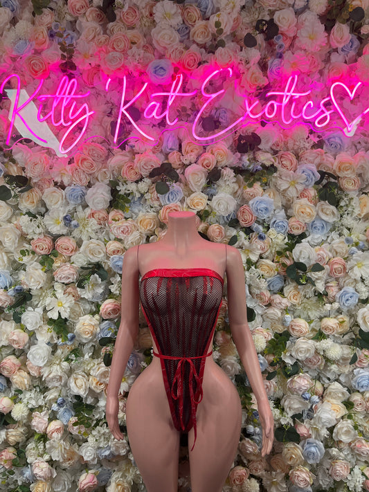 Red one-piece strappy bodysuit with mesh panels and crisscross back straps