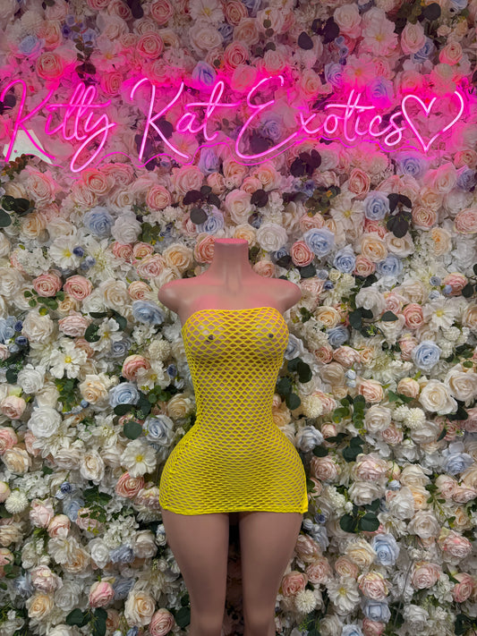 Yellow fishnet club dress with short hem, strapless backless silhouette