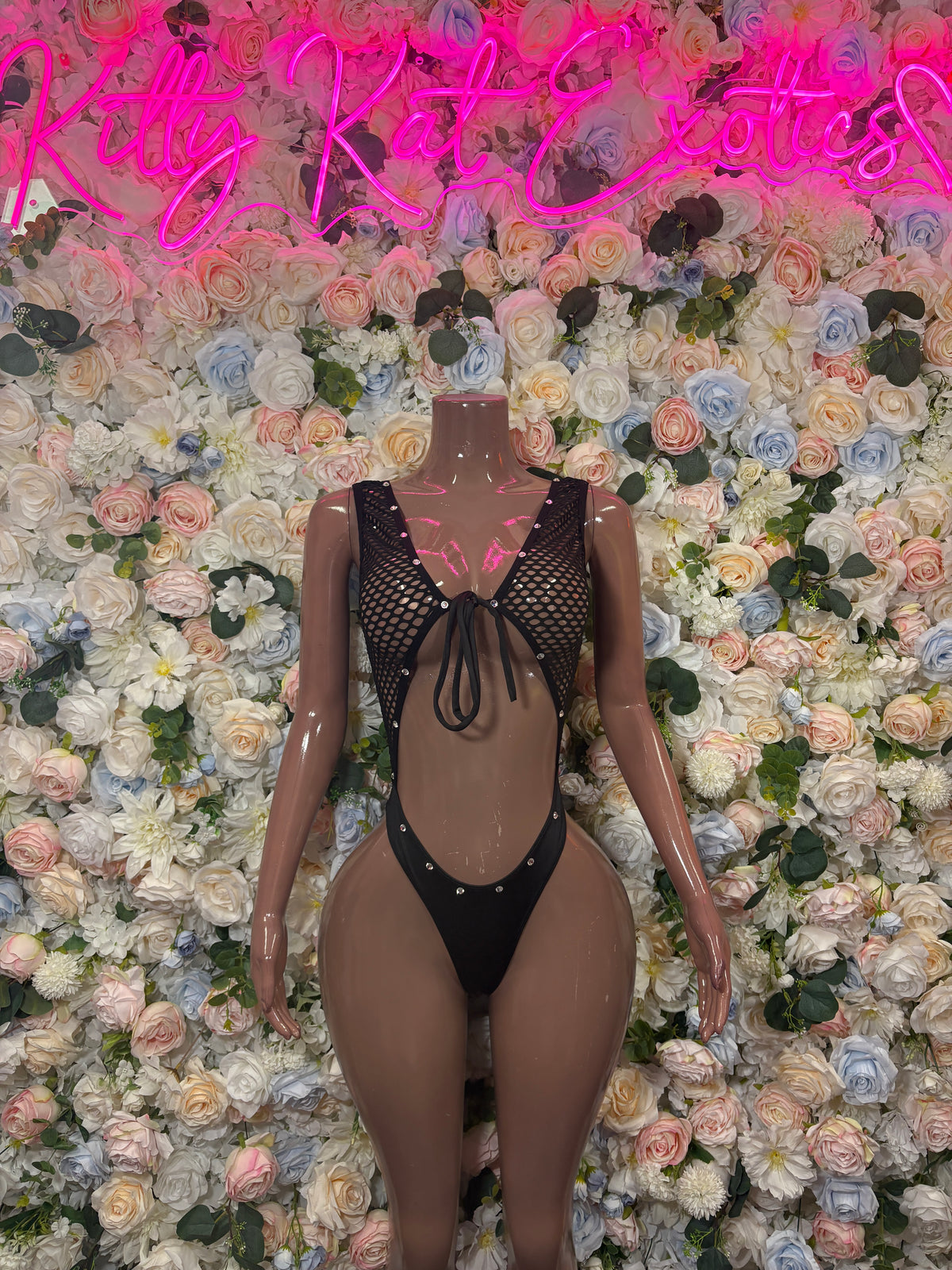 Black Fishnet Bottlegirl Bodysuit Bartender One Piece Outfit Clubwear VIP Bottle Service Uniform Sexy Romper